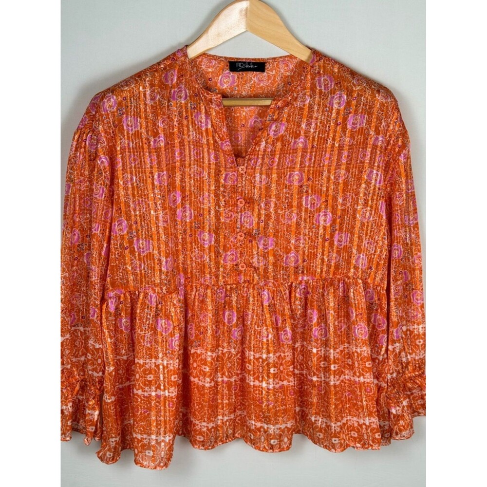 RD Style Koko Orange Floral Peplum Boho Blouse Metallic Pintuck Peasant Babydoll